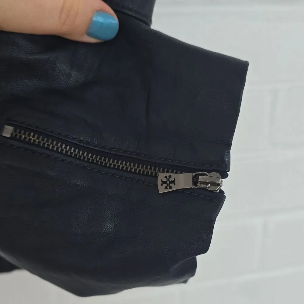 Tory Burch Leather Biker Jacket Cropped Navy Size 14